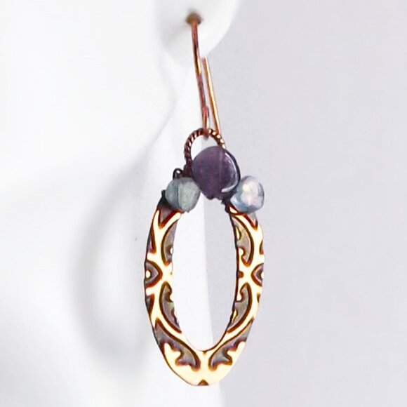 Amethyst and Apatite Oval Hoop Embossed Copper Earrings - Picture 2 of 3